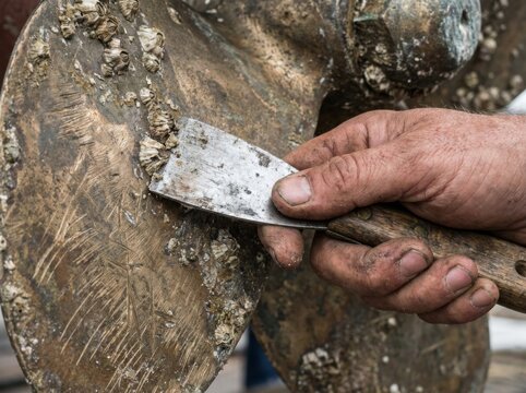 A gloved hand uses a metal scraper to vigorously remove stubborn barnacles and marine growth from a heavily fouled boat propeller, indicating maintenance work.