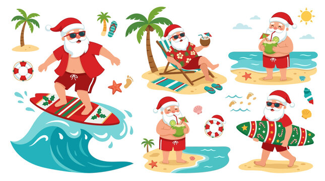 Santa Claus enjoying a summer vacation on a tropical beach, surfing and relaxing with tropical drinks