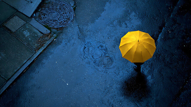 Top-down view of a vibrant yellow umbrella on a wet street with blue moody lighting and rain puddles, perfect for weather forecasts, urban lifestyle blogs and conceptual photography projects