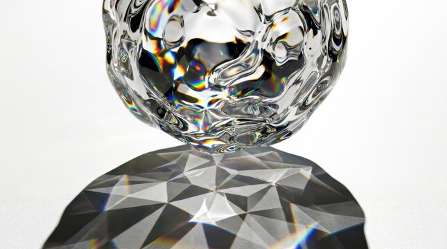 3D rendered crystal glass sphere with diamond cut base reflecting prism light effects