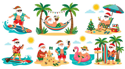 Obraz premium Santa Claus enjoying a tropical summer vacation with beach activities and festive cheer