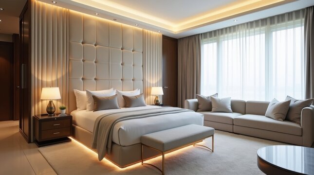 Dormitorio contempor&aacute;neo con cabecero de pared grande, iluminaci&oacute;n LED indirecta, texturas suaves, tonos neutros, estilo hotelero de lujo