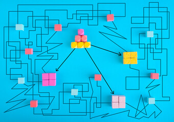 Fototapeta premium complex messy management, bureaucracy,red tape,organization and missing innovation,business disruption, communication gap, complicated business process