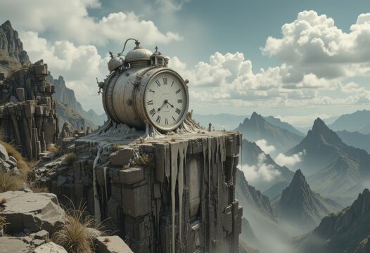 Un viejo reloj derriti&eacute;ndose sobre acantilados de monta&ntilde;a. Sugiere distorsi&oacute;n del tiempo, erosi&oacute;n de la memoria, un paisaje surrealista moldeado por momentos olvidados