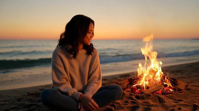 Peaceful beach bonfire at sunset with young woman enjoying relaxed night by ocean firelight and calm waves, cozy knitted sweater, tranquil warm atmosphere video footage
