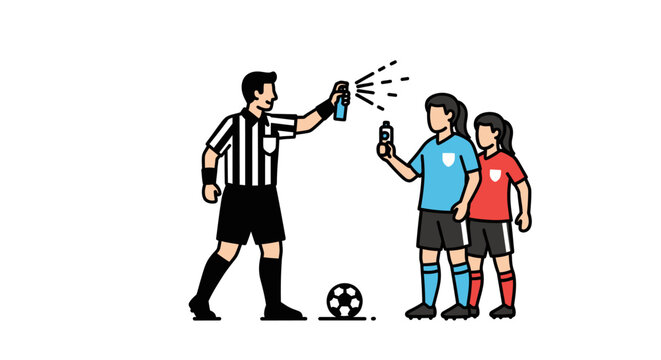 Referee using spray on soccer players during a match.
