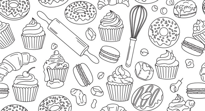 Seamless vector pattern of hand-drawn bakery items including cupcakes donuts macarons and kitchen tools in a black and white doodle style