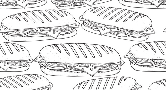 Seamless pattern of hand drawn grilled panini sandwiches with cheese and tomatoes in black and white sketch style vector illustration