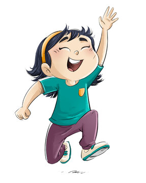 Little Asian girl jumping happily