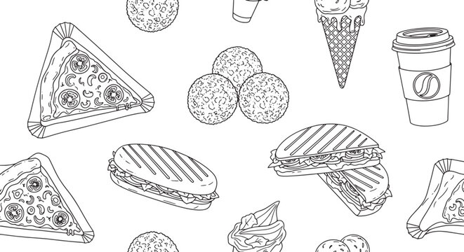 Seamless Vector Line Art Pattern of Fast Food Items Including Pizza Panini Ice Cream Coffee and Snacks for Coloring Book Background Design