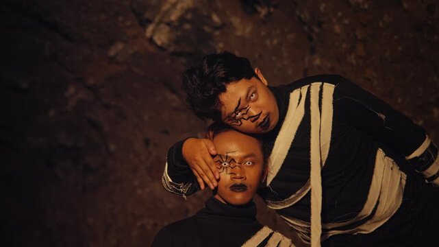 Two theatrical performers with spider makeup and white contacts pose together in a dark cave setting. One gently covers the other's eye, creating a mysterious, creepy, and surreal scene.