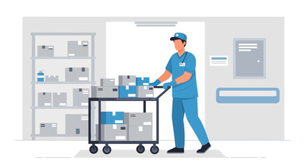 Fototapeta premium Healthcare worker pushing cart with medical supplies in hospital storage room