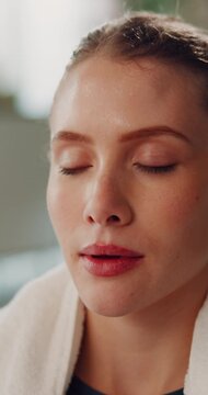 Breathing, recovery and woman in home for exercise, workout or fitness with break or rest. Sweating, inhale and female person in living room for relax with mindfulness, calm or peace in apartment.