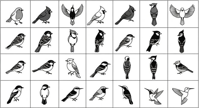 Collection of Various Bird Silhouettes and Line Drawings.