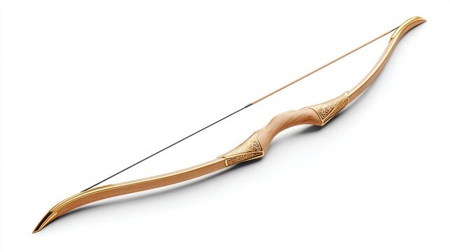 Elegant wooden recurve bow with ornate gold accents on a white background