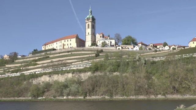 Scenic Melnik castle and vineyards view from the river Elbe