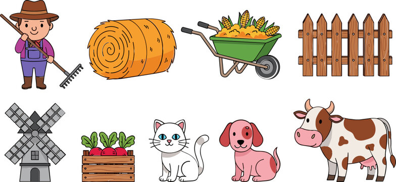 Farm Life Illustration Set with Farmer, Animals, Hay, and Gardening Tools for Agriculture, Rural, and Countryside Designs