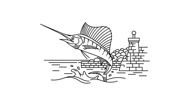 Sailfish Leaping from Water Near Brick Structure in Black and White.