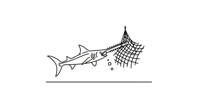 Sawfish Struggles Against Fishing Net in Simple Black and White Illustration.