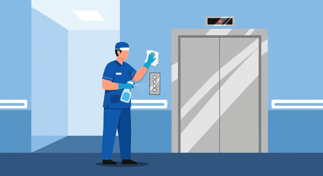 Janitor cleaning elevator buttons with disinfectant spray for hygiene and safety