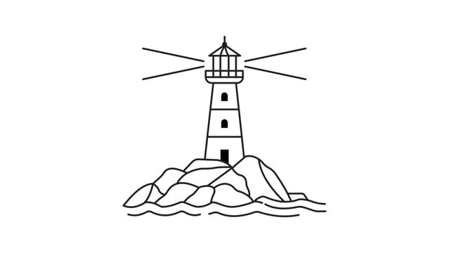 Minimalist black line vector icon of a tall lighthouse on a rocky island with shining light beams and ocean waves. This editable stroke illustration is perfect for nautical and maritime designs.