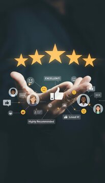 Businessman giving five star rating on digital interface, symbolizing customer satisfaction, service quality, and positive client feedback, ideal for marketing, surveys, and reputation management visu