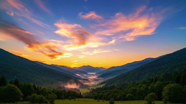 a tranquil sunrise valley with thin clouds flowing slowly across wide view 
