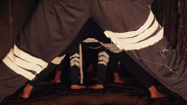 Shot from a low angle, a group of barefoot dancers in dark, artistic costumes moves in unison within a narrow, earthy corridor, creating a powerful, mysterious, and experimental visual.