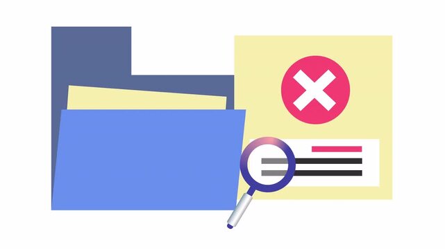 Rejected check mark on document checklist verification in research folder in a cartoon animation. Flat design of file review and approval process concept in the alpha channel. Audit data validation.