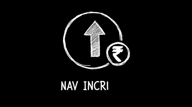 Net Asset Value NAV increase chalk drawing with upward arrow and Indian Rupee symbol 4k animated video, alpha transparent video