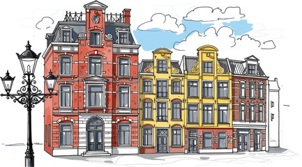 Fototapeta premium Historic European Building Set with Red and Yellow Facades, Street Lamp, and Cityscape for Urban Architecture and Travel Design Illustrations