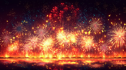 Naklejka premium 夜空と水面に反射する色鮮やかな打ち上げ花火の背景イラスト