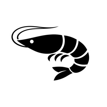 Black shrimp silhouette icon, ideal for seafood, restaurant menus, marine life, food packaging, and aquatic designs. Versatile vector graphic for logos, web, and print, representing fresh, delicious,