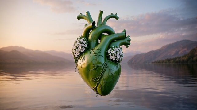 Creative green heart sculpture with flowers floating on a serene lake at sunset
