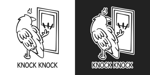 Obraz premium Funny Crow Knocking on Door Illustration with Knock Knock Text Minimalist Raven Line Art Design