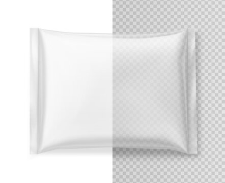 Transparent food pillow bag mockup for frozen food and etc. Hight realistic illustration isolated on white and transparent background. Can be use for template your design, promo, adv. EPS10.