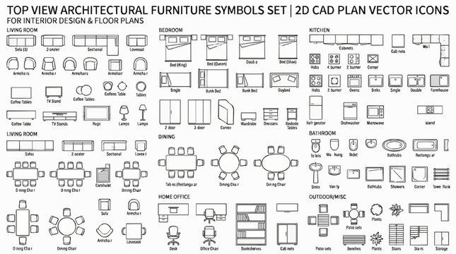 Top view architectural furniture symbols set. 2D CAD plan vector icons for interior design and floor plans
