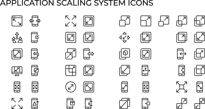 Application scaling system icon set in minimal outline style for responsive interfaces, resizing controls, and software UI design