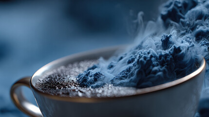 Fototapeta premium A steaming coffee cup overflows with dramatic blue smoke clouds creating a surreal stormy ocean-like atmosphere, captured in a moody cinematic close-up.