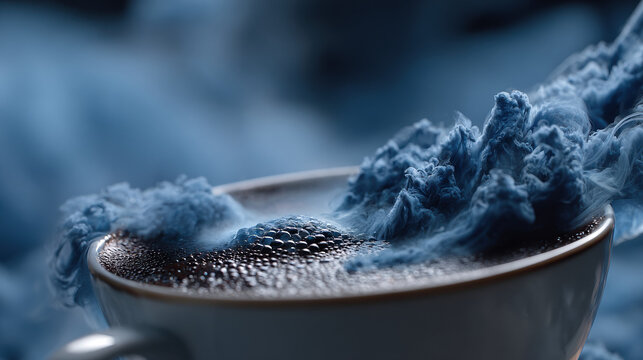 A steaming coffee cup overflows with dramatic blue smoke clouds creating a surreal stormy ocean-like atmosphere, captured in a moody cinematic close-up.