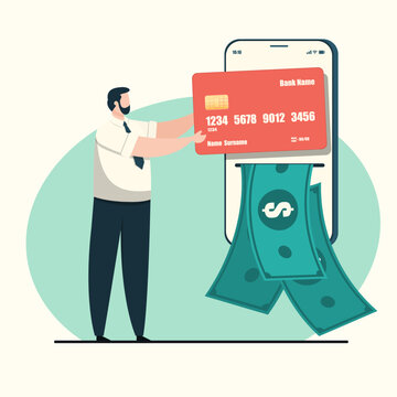 Man withdraws cash from smartphone using credit card, financial technology concept.