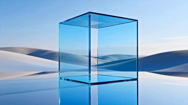 Glass cube in desert landscape