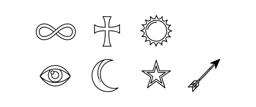 Symbolic icons infinity cross sun eye crescent moon star and arrow