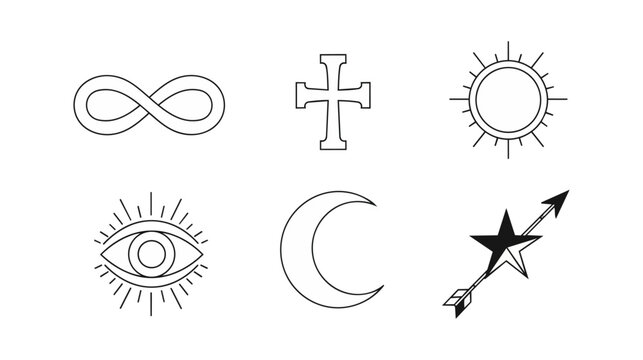 Symbolic icons of infinity cross sun eye crescent moon and arrow on black