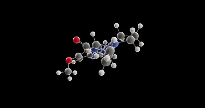 Alizapride molecule, rotating 3D model of dopamine antagonist, looped video on a black background

