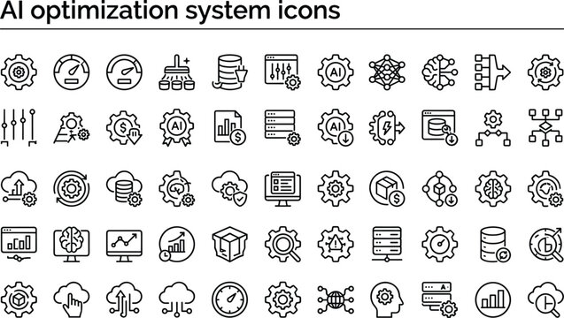 Artificial Intelligence Optimization System Icons Set with Machine Learning, Data Processing, Automation and Technology Outline Symbols for UI Design