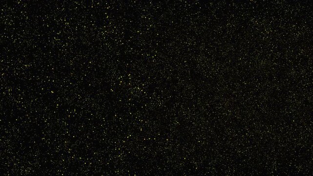 Abstract glowing particles move across dark background, slow motion, cinematic digital light effect.