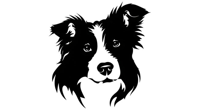 Border collie dog silhouette black white head portrait illustration, graphic canine face with fluffy fur transparency