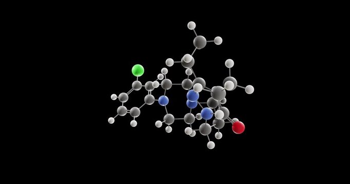 Etoperidone molecule, rotating 3D model of phenylpiperazine antidepressant, looped video on a black background
