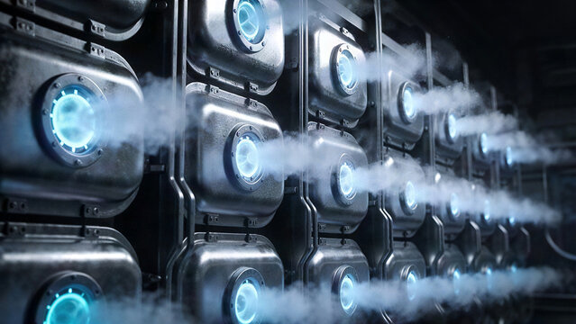 Metallic Cryogenic Storage Pods Emitting Cold Vapor in Laboratory